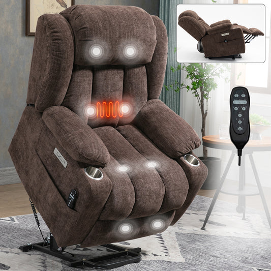 Heavy-Duty Power Lift Recliner with 8-Point Massage, Lumbar Heat, USB-C/USB-A, 350 LBS, 155° Recline, Brown