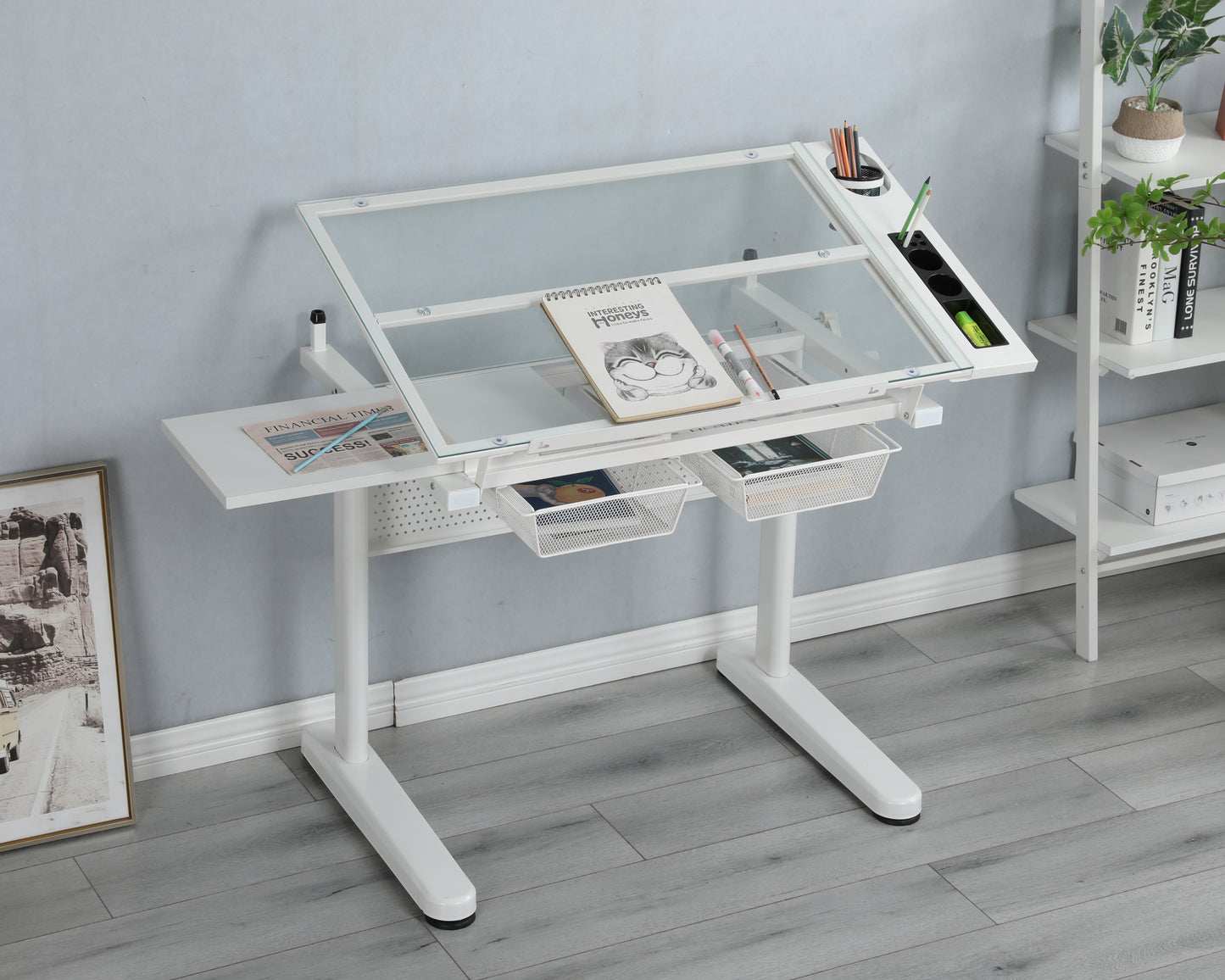 Adjustable Hand Crank Drafting Table with Stool and Dual Metal Drawers (White)