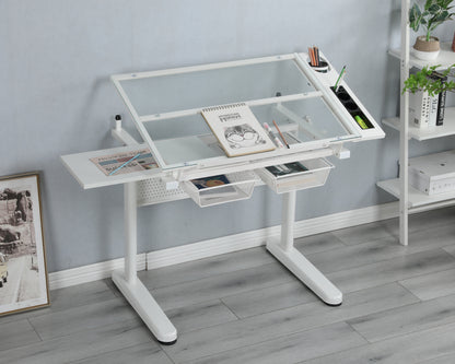 Adjustable Hand Crank Drafting Table with Stool and Dual Metal Drawers (White)