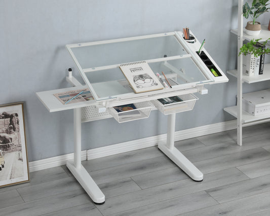 Adjustable Hand Crank Drafting Table with Stool and Dual Metal Drawers (White)