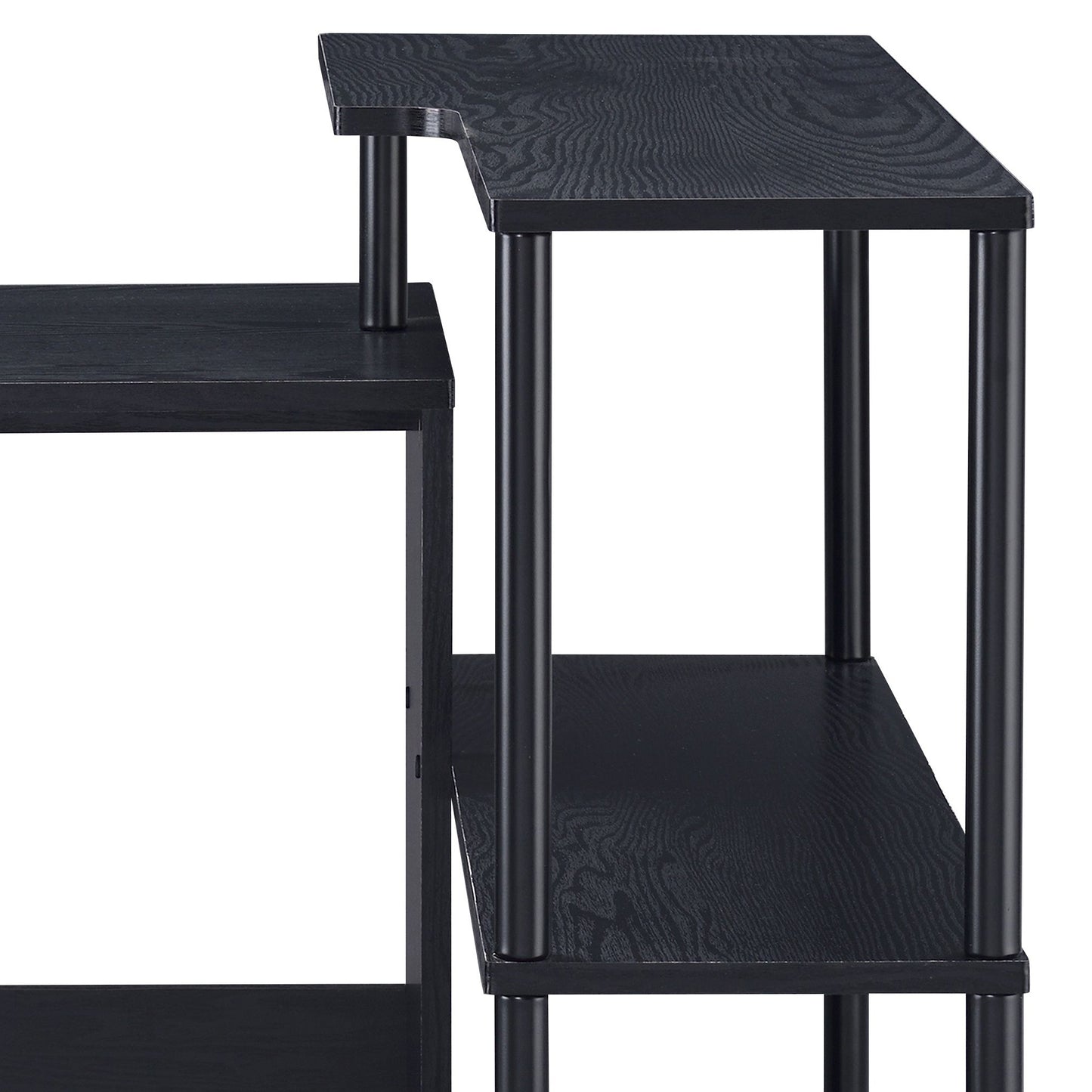 L-Shaped Black Writing Desk with Multi-Tiered Storage