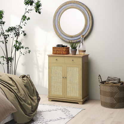HOMCOM Sideboard with Solid Wood Countertop, Modern Kitchen Storage Cabinet, Coffee Bar Cabinet with 2 Drawers, Doors and Adjustable Shelf, Natural Rattan