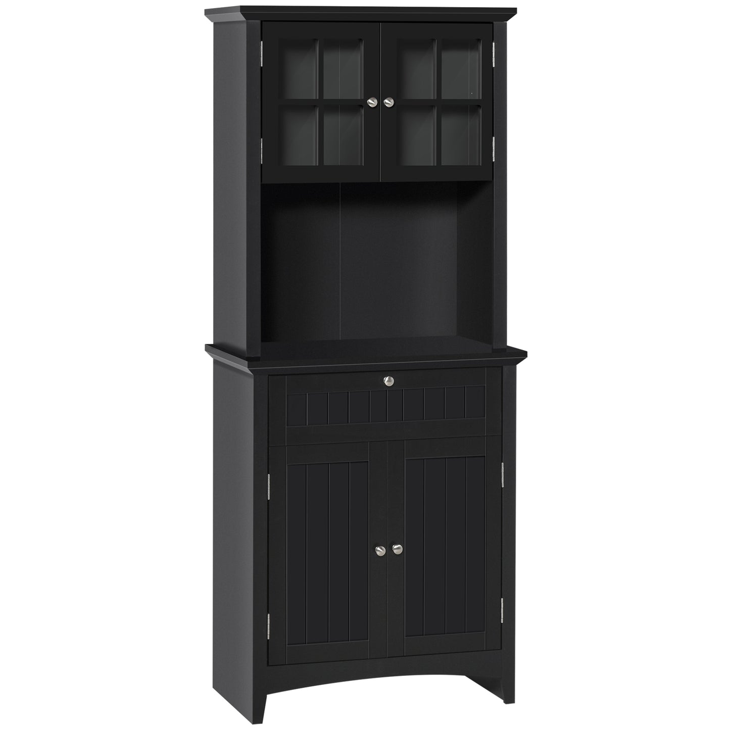 Sleek Black Kitchen Pantry Cabinet with Hutch and Adjustable Shelves