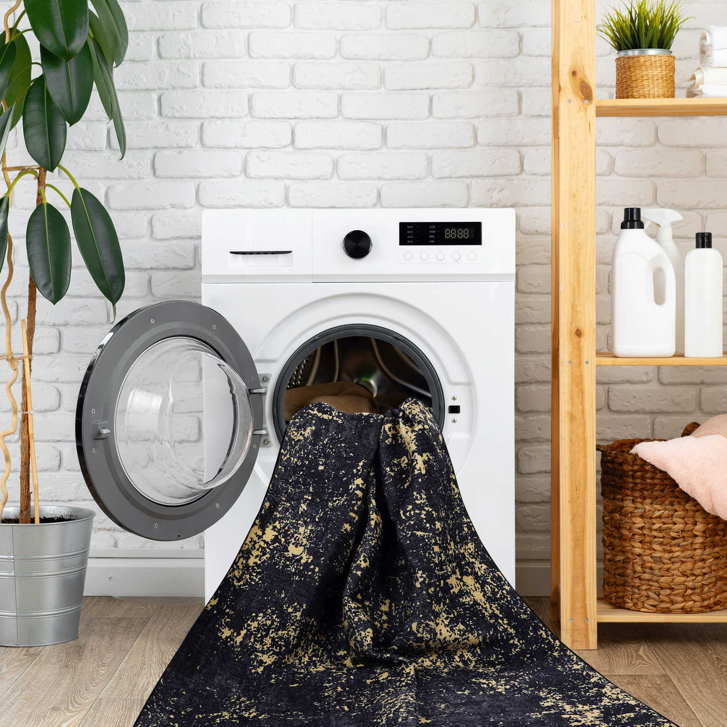 5x8 Machine-Washable Area Rug, Low-Pile, Non-Slip, Foldable, Kid & Pet Friendly Living Room Black & Gold