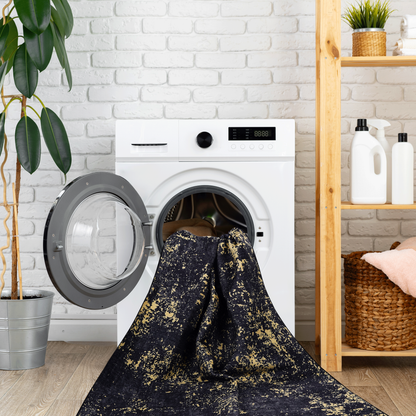 5x8 Machine-Washable Area Rug, Low-Pile, Non-Slip, Foldable, Kid & Pet Friendly Living Room Black & Gold