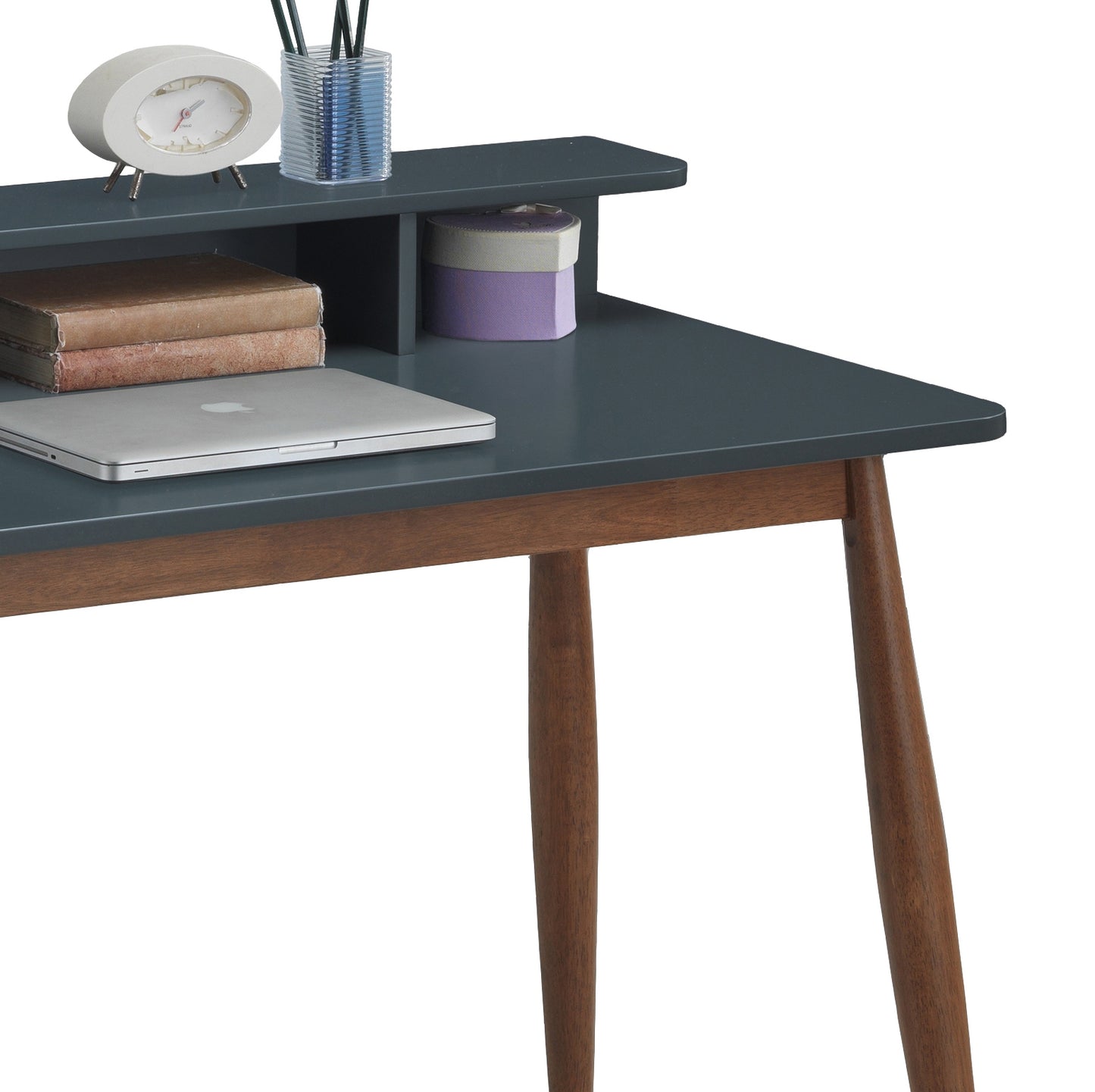Grey and Brown Mid-Century Modern Rubber Wood Writing Desk with Hutch
