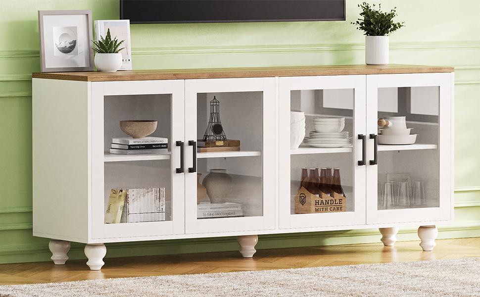 ON-TREND Farmhouse TV Stand with Tempered Glass Doors for TVs Up to 70", Versatile Sideboard with Adjustable Shelves, Elegant Buffet Cabinet with 5 Solid Wood Gourd-Shaped Legs for Living Room, White