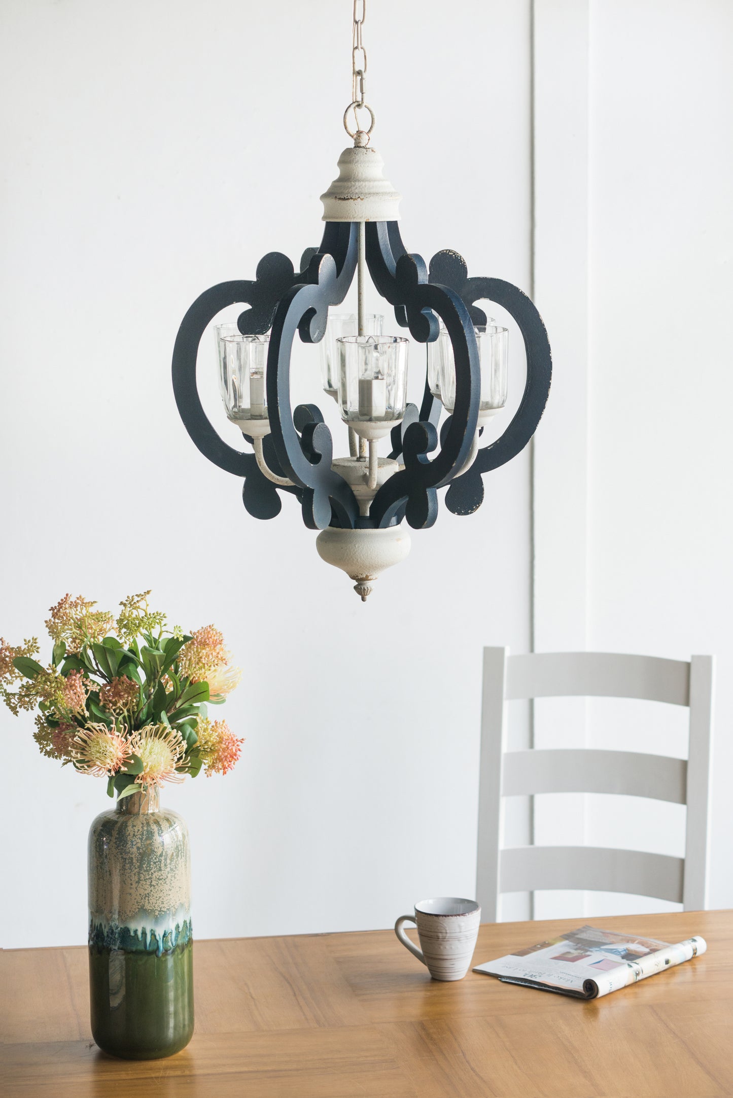 6-Light Wood Chandelier, Farmhouse Pendant for Kitchen, Living, Bulb Not Included, Navy Blue and White Finish