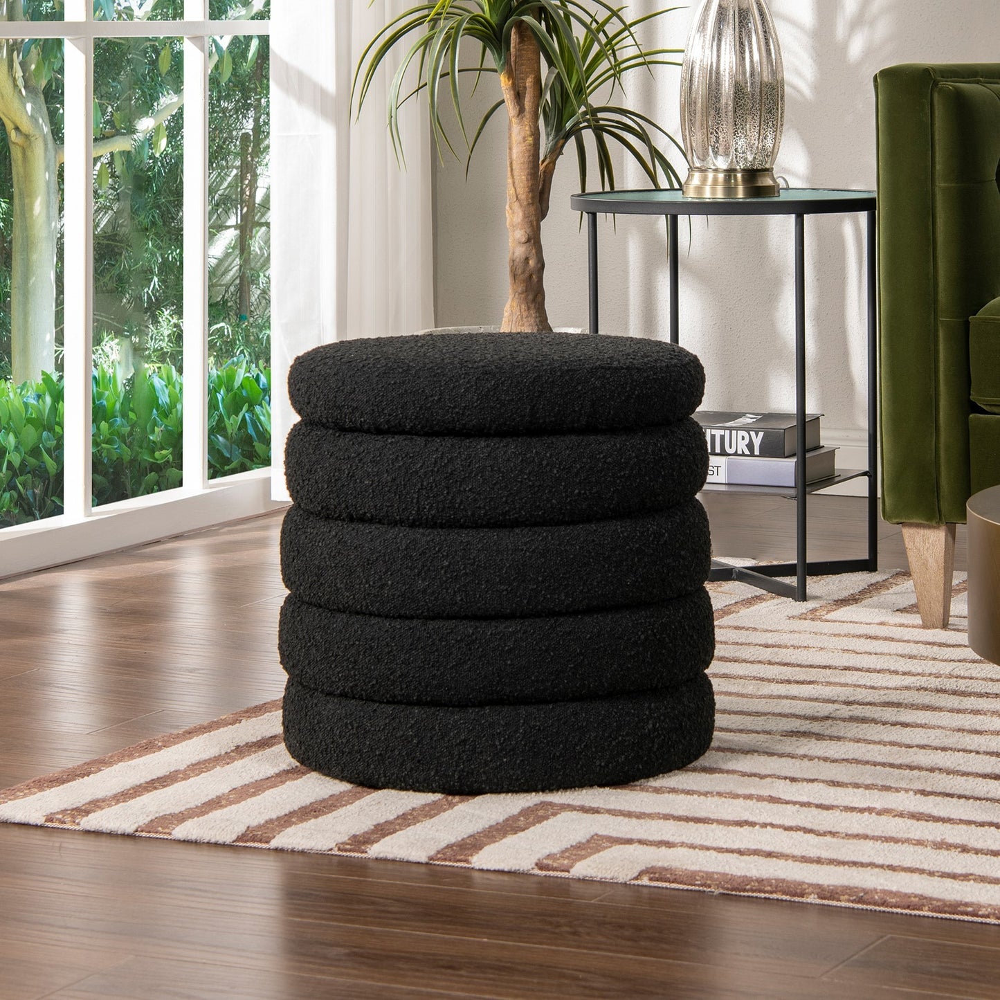 19-Inch Round Storage Ottoman with Hidden Compartment, Boucle Upholstery, Living Room Ebony Black