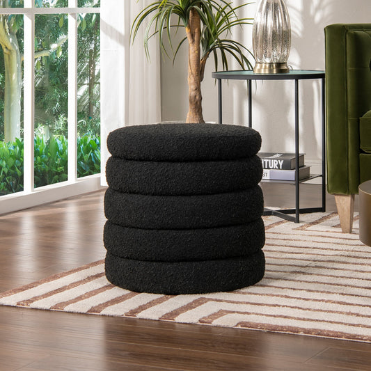 19-Inch Round Storage Ottoman with Hidden Compartment, Boucle Upholstery, Living Room Ebony Black