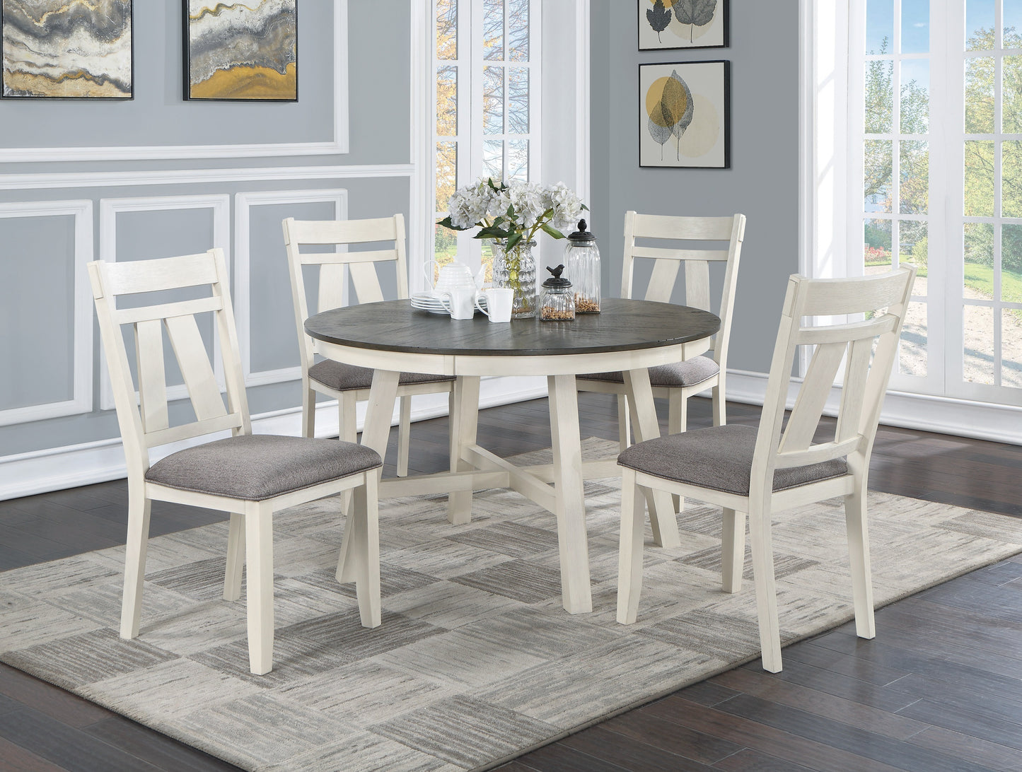 Dining Room Chairs – Set of 2, Solid Rubberwood, 19 x 24 x 40 in, White Finish, Modern Farmhouse, Gray