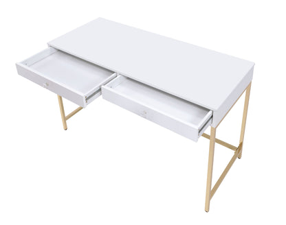 Contemporary White High Gloss Writing Desk with Gold Accents