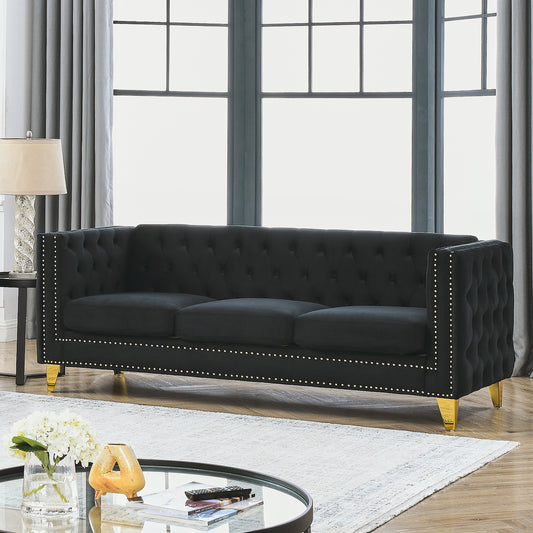 Three-Seat Velvet Sofa with Tufted Square Arms, Nailhead Trim, Metal Legs, Bedroom Use, Black Velvet