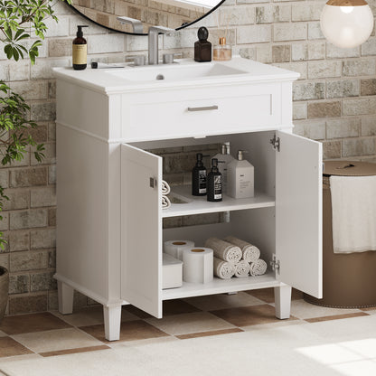 Stylish 30-Inch Bathroom Vanity with Elegant Ceramic Sink, Soft Close Doors, and Adjustable Storage Shelves