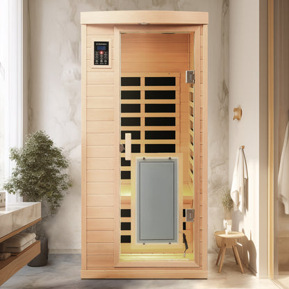 1-Person Hemlock Far-Infrared Indoor Sauna with Front-Door Heating Panel, Low EMF, Bluetooth Natural