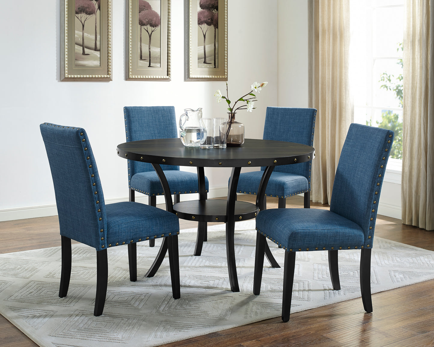 Set of 2 Fabric Dining Chairs with Nailhead Trim, Linen-Cotton Upholstery, Espresso Finish, 200 lb, Blue