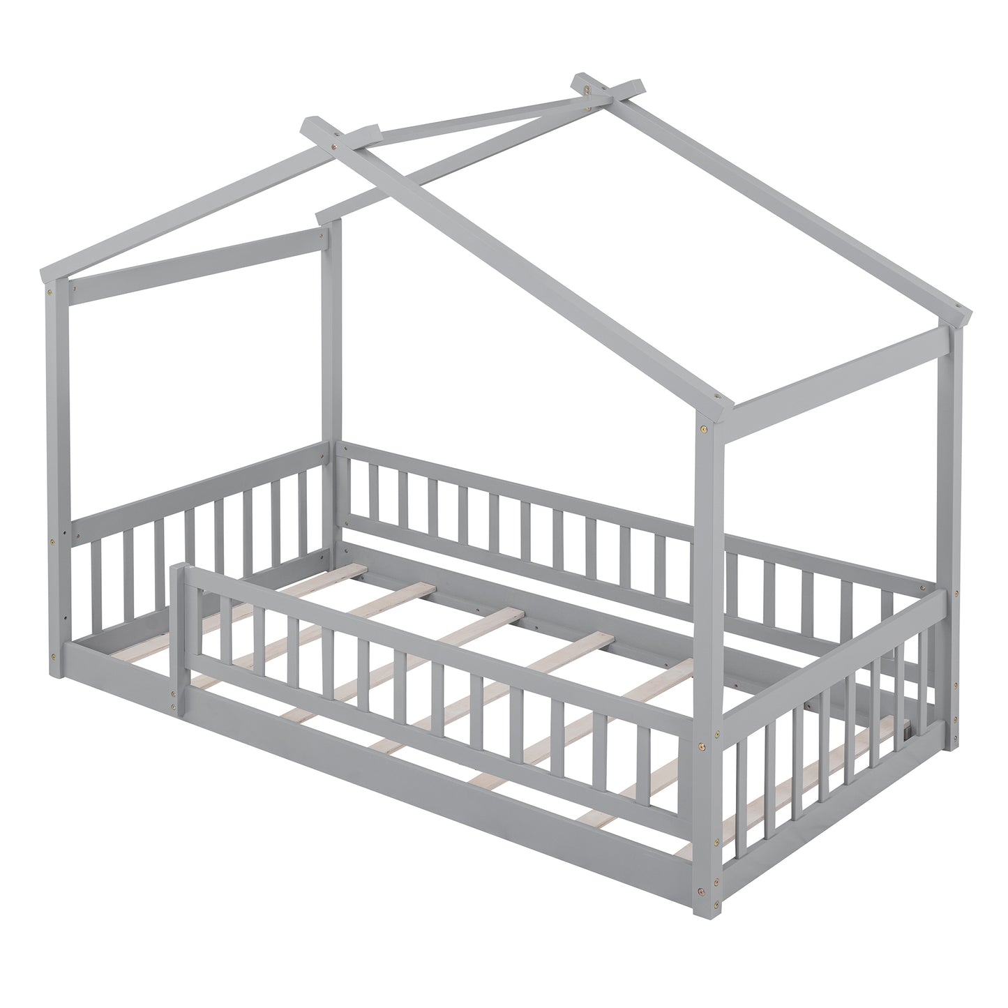 Whimsical Twin Wooden House Bed Frame with Fenced Design for Kids and Teens - Gray