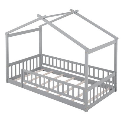 Whimsical Twin Wooden House Bed Frame with Fenced Design for Kids and Teens - Gray