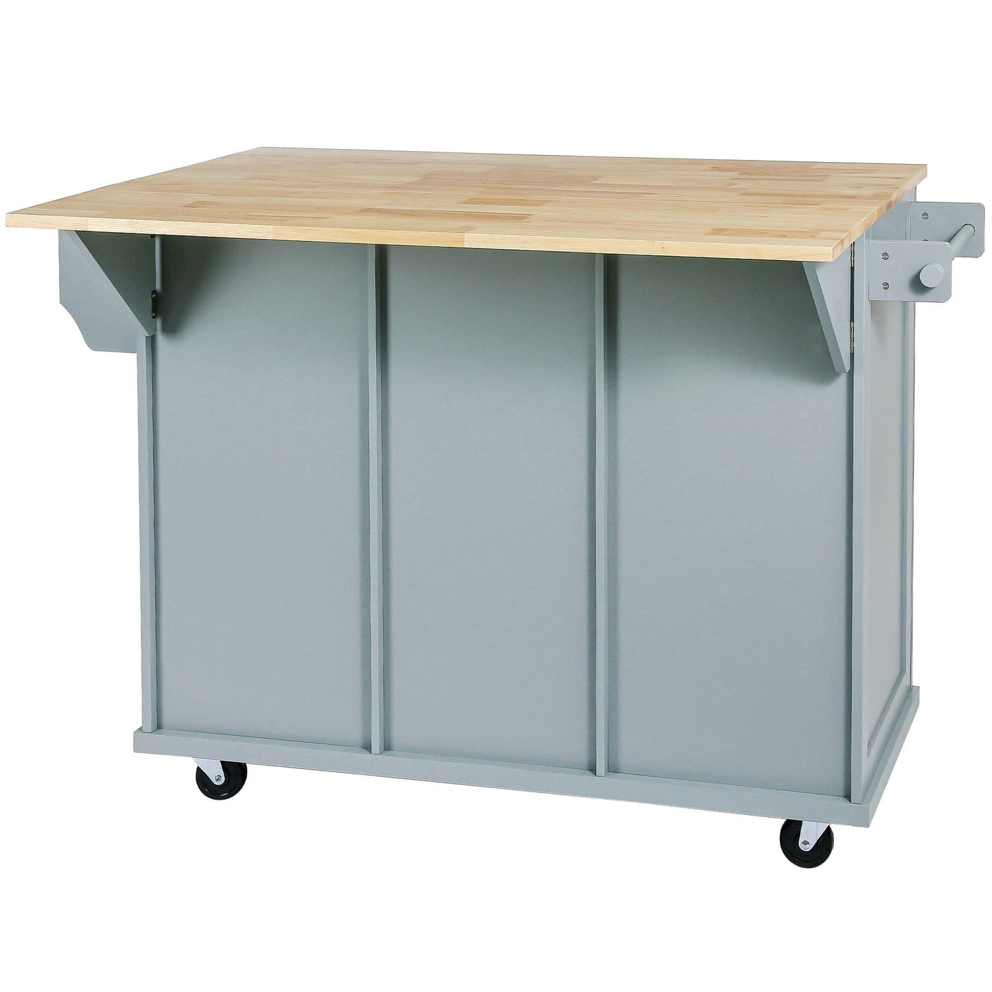 Multi-Functional Kitchen Island Cart with Rubber Wood Drop-Leaf Top, Storage Drawers, and Adjustable Shelving in Grey Blue
