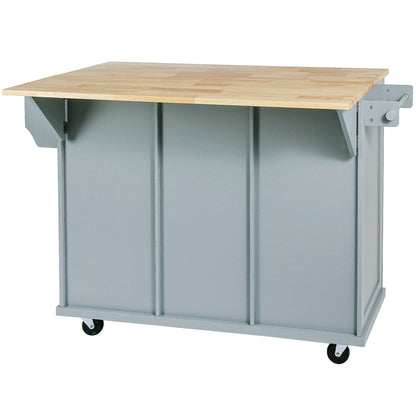 Multi-Functional Kitchen Island Cart with Rubber Wood Drop-Leaf Top, Storage Drawers, and Adjustable Shelving in Grey Blue