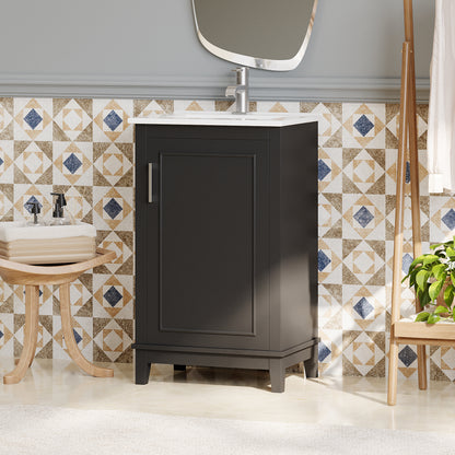 Compact 20-Inch Black Bathroom Vanity Cabinet with Ceramic Sink - Modern Design, Ample Storage, Soft-Close Door
