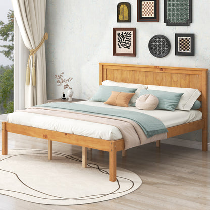Elegant Oak Platform Bed Frame with Headboard - No Box Spring Required, Queen Size