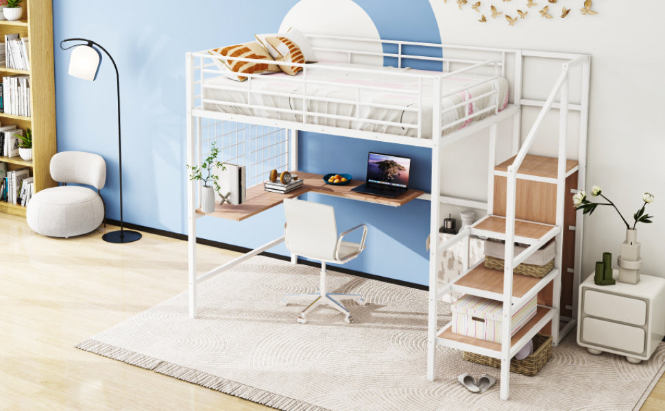 Stylish Full Size Metal Loft Bed with Integrated Desk and Storage Solutions in White