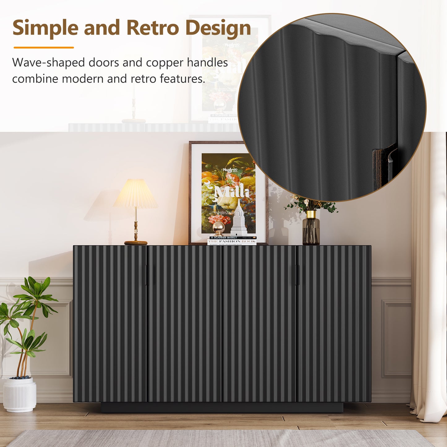 TREXM 4 Wavy Doors Ample Storage Space Sideboard with Adjustable Shelves and Retro Copper Handles for Dining Room and Living Room (BLACK)