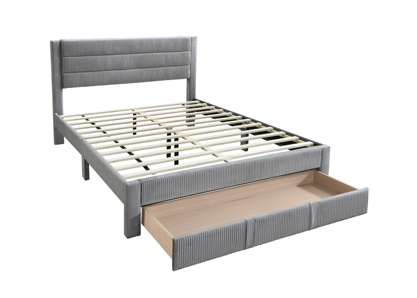 Elegant Gray Corduroy Queen Size Bed Frame with Storage Drawer and Modern Design