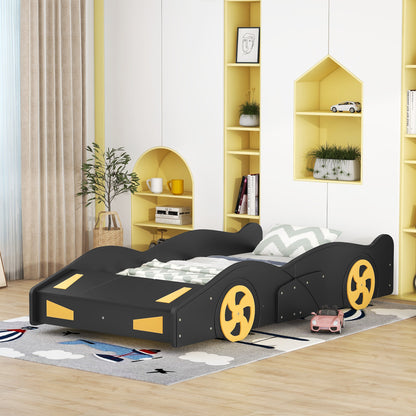 Twin Size Race Car Platform Bed with Storage and Wheels in Black and Yellow