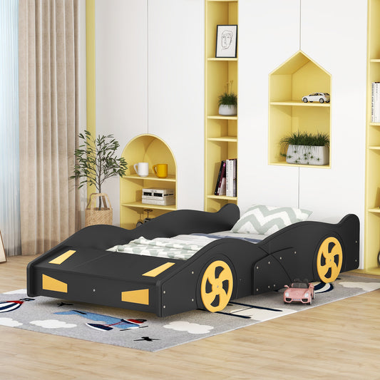 Twin Size Race Car Platform Bed with Storage and Wheels in Black and Yellow