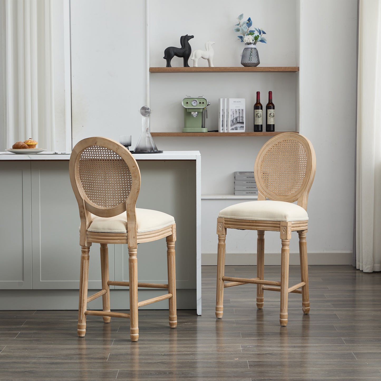 Solid Wood Bar Stools Set of 2 Beige Upholstered Seating