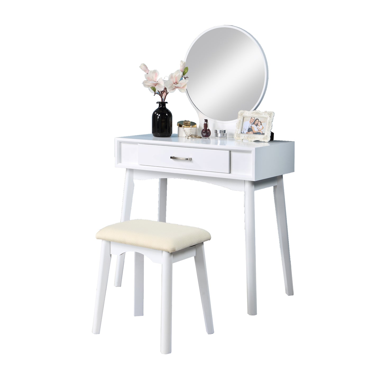 Contemporary Wood Vanity and Stool Set for Bedroom or Dressing Area, Modern Makeup Desk, White