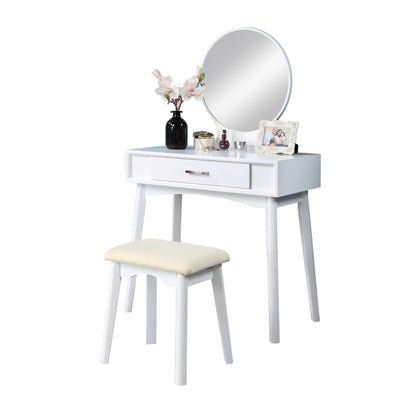 Contemporary Wood Vanity and Stool Set for Bedroom or Dressing Area, Modern Makeup Desk, White