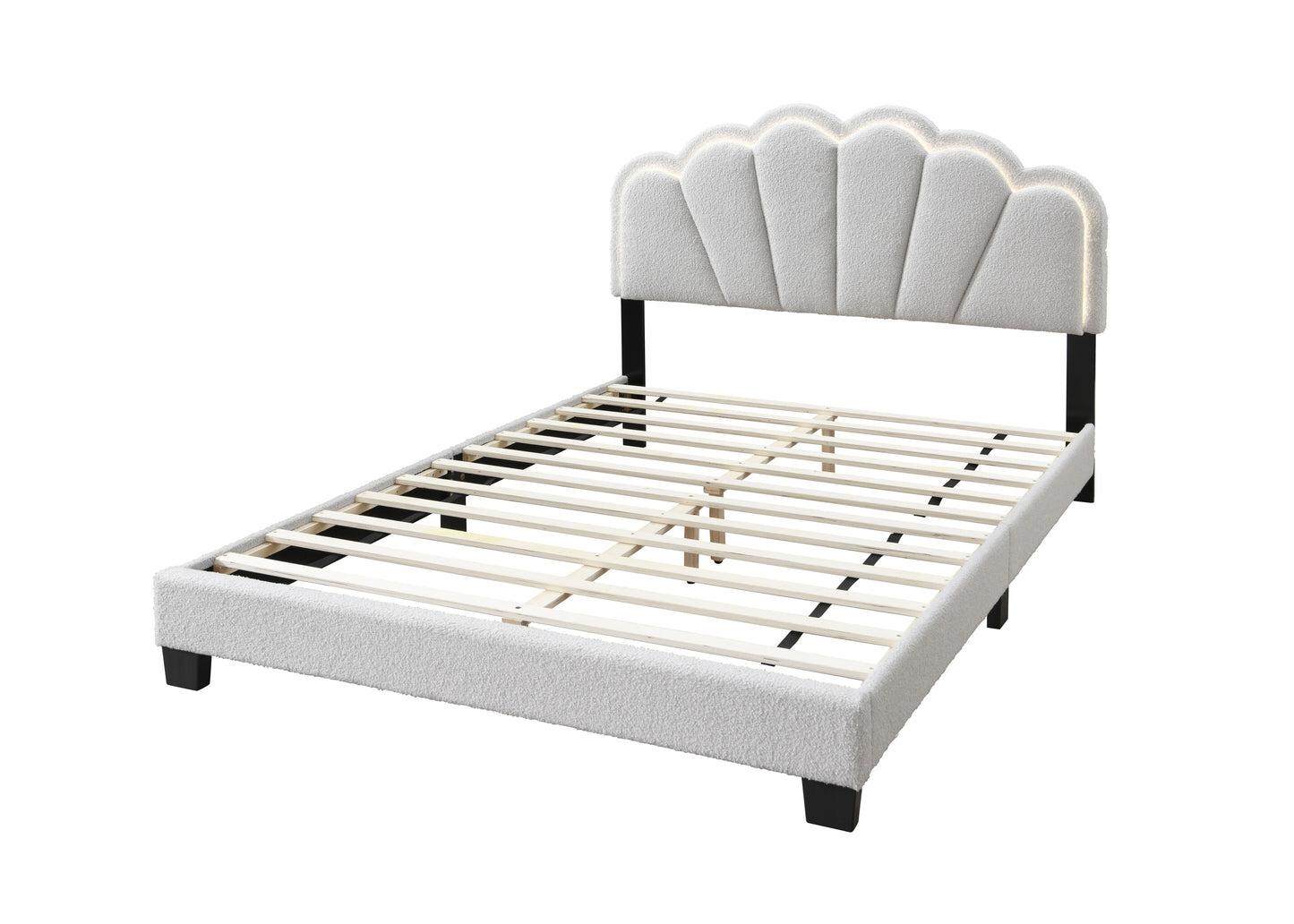 Elegant White Queen Size Platform Bed with Floral Headboard and LED Lighting