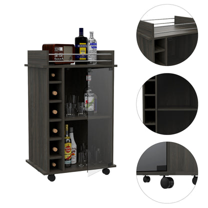Espresso Bar Cart With Glass Door Cabinet Locking Casters