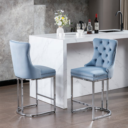 26 Inch Counter Height Bar Stools Set 2 Light Blue Velvet