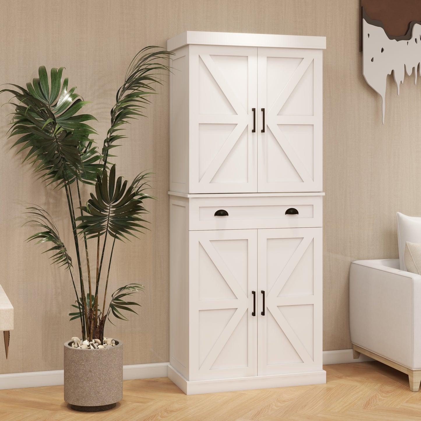 Elegant 71" White Freestanding Kitchen Pantry Cabinet with 4 Doors, 1 Drawer, Adjustable Shelves for Versatile Storage