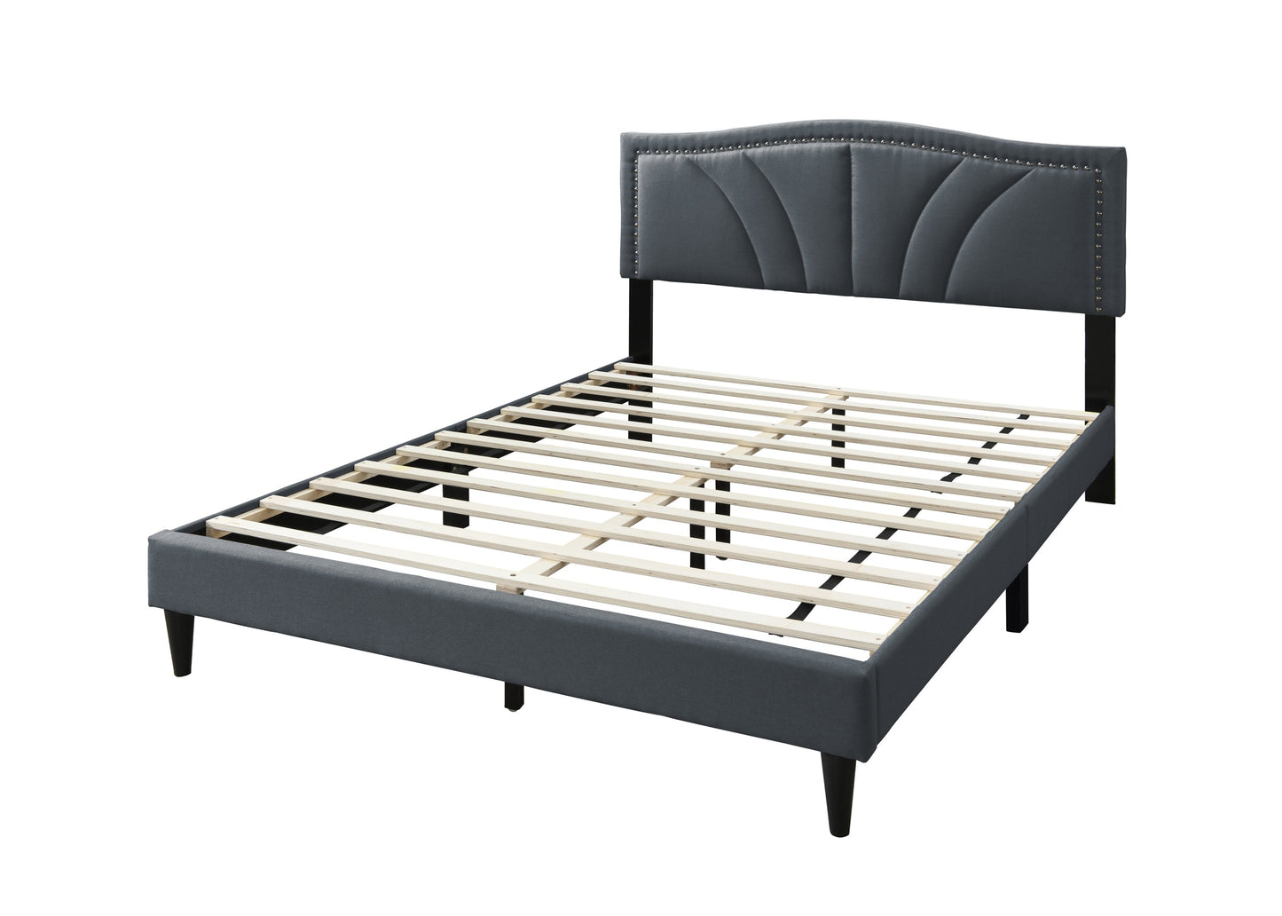 Chic Charcoal Burlap Queen Bed with Vintage Nailhead Trim Accents