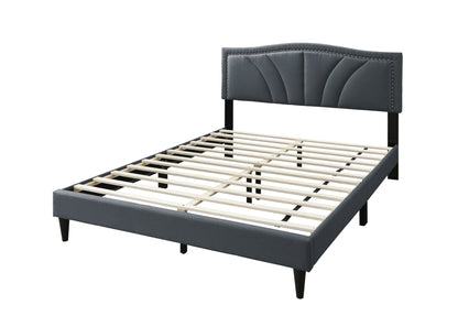 Chic Charcoal Burlap Queen Bed with Vintage Nailhead Trim Accents