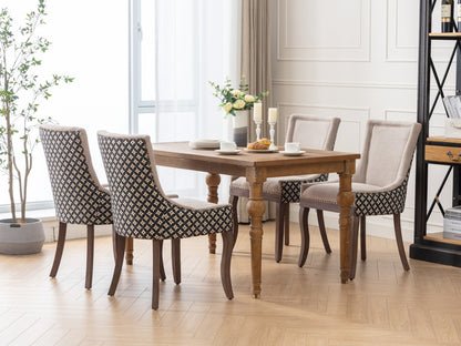 A&A Furniture, Ultra Side Dining Chair, Thickened fabric chairs with neutrally toned solid wood legs, Bronze nail head, Set of 2, Beige and Patterned,SW2207BG