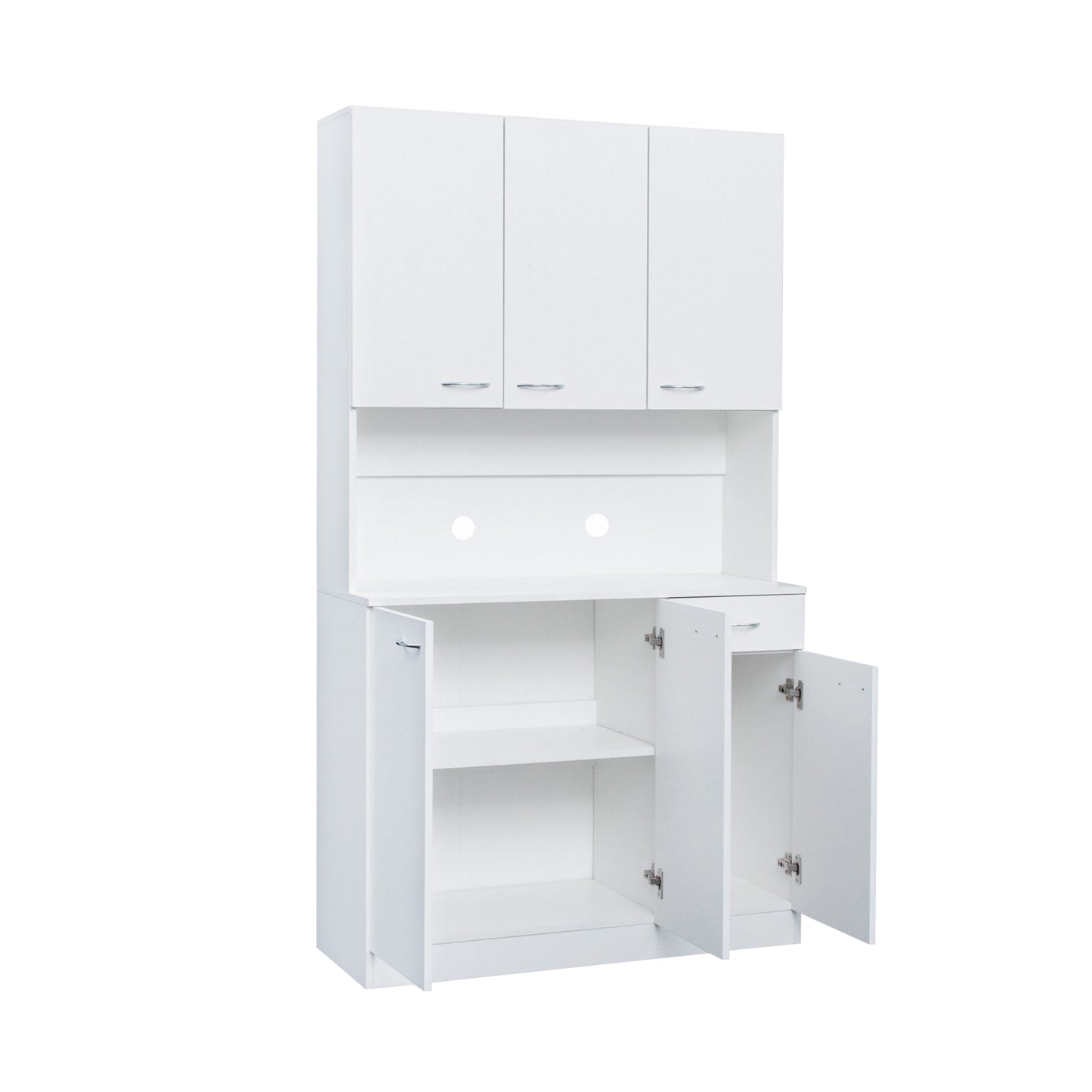 Elegant 70.87" Tall White Wardrobe & Kitchen Cabinet with 6 Doors, 1 Drawer, and Open Shelves for Stylish Storage
