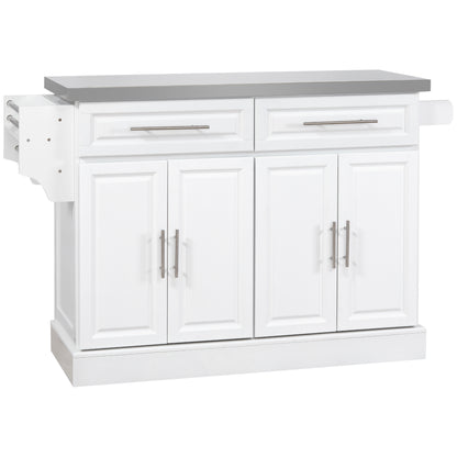 Portable Rolling Kitchen Cart with Stainless Steel Top, Storage Drawers, Spice & Knife Racks, White Finish