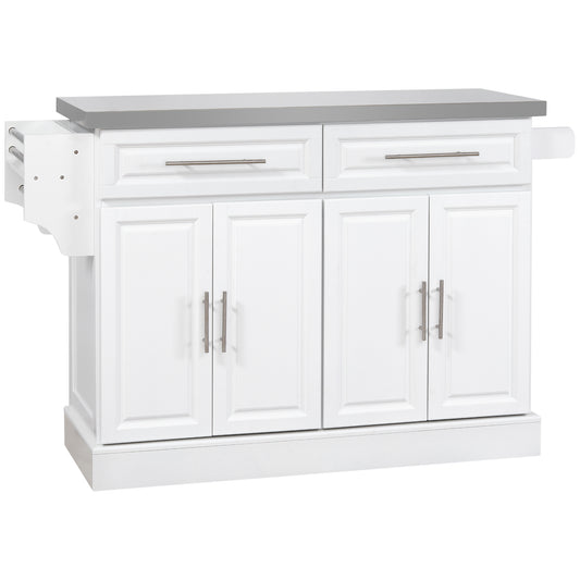 Portable Rolling Kitchen Cart with Stainless Steel Top, Storage Drawers, Spice & Knife Racks, White Finish