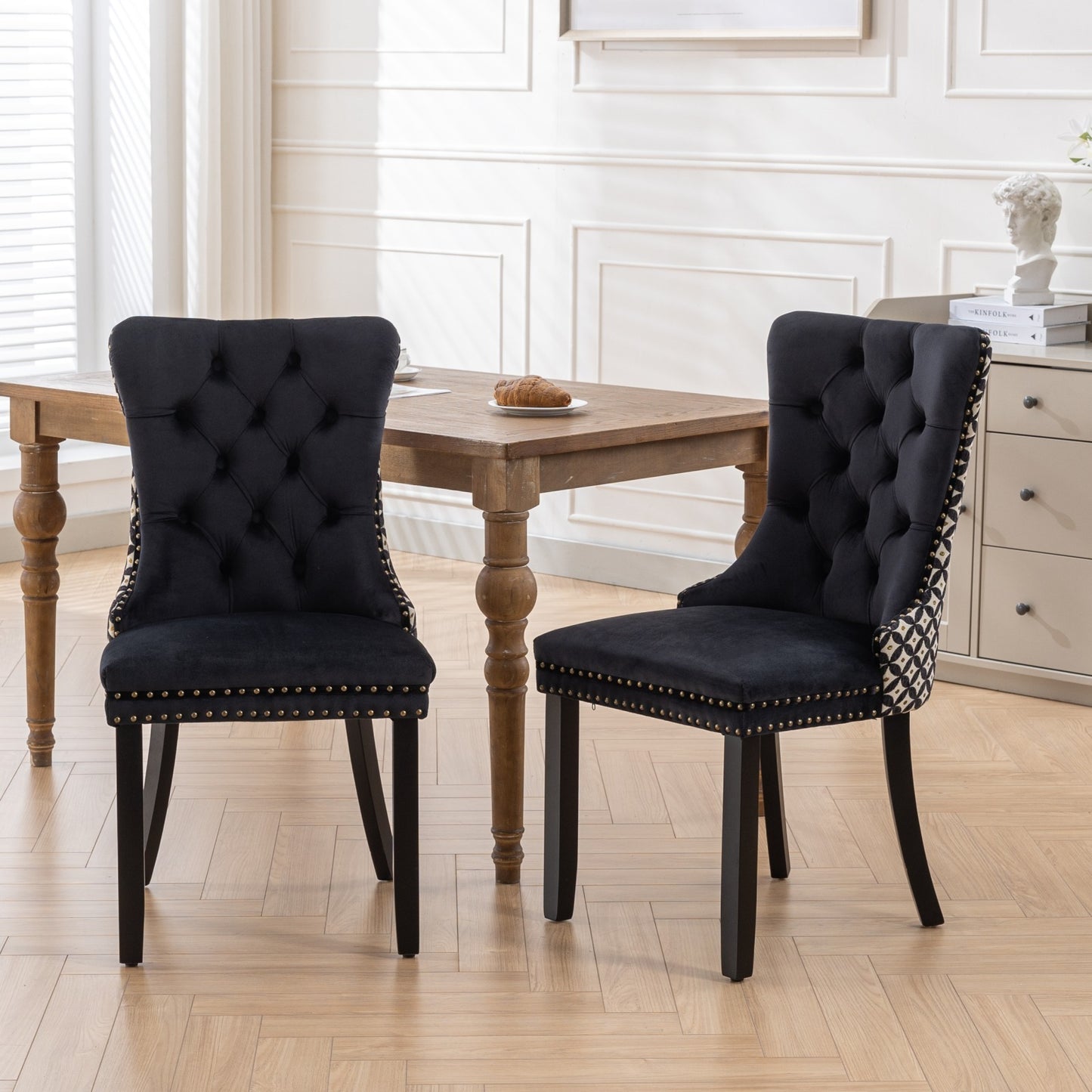 Velvet Dining Chairs Set of 2, Tufted High-Back, Solid Wood Frame, Nailhead Trim, Black & Patterned