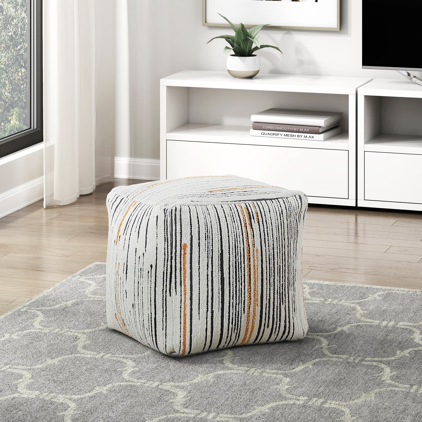 Modern Square Pouf Ottoman, 16in Cube, Jacquard Fabric Upholstery, Non-Slip, Assembled, Multi-Color