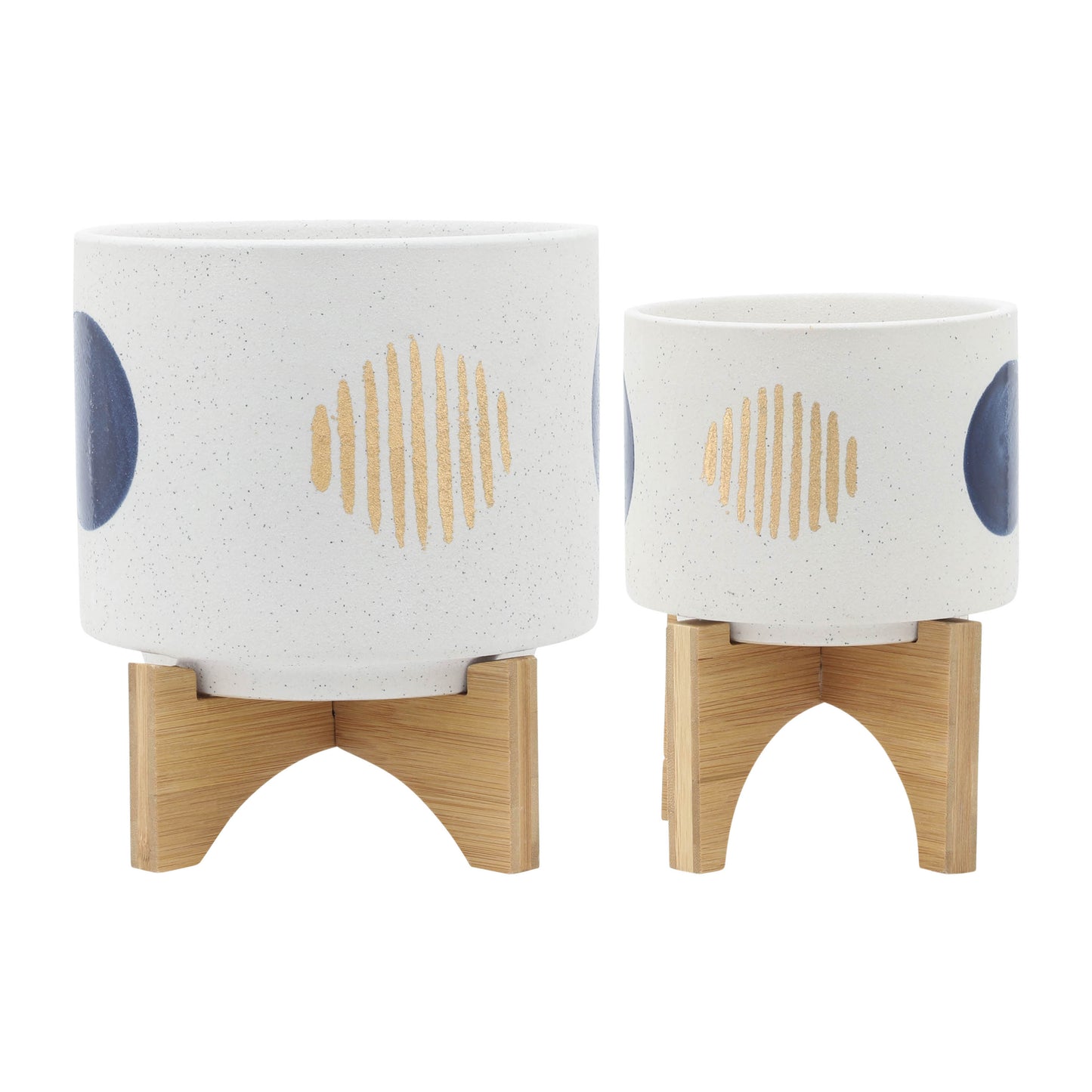 Funky Ceramic Planter Set with Stand 2-Pack Small 5x5x7, Large 7.75x7.75x10.5, Drainage Holes, White