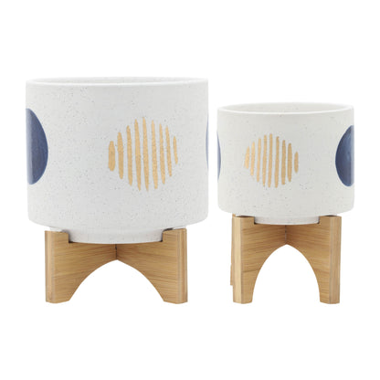 Funky Ceramic Planter Set with Stand 2-Pack Small 5x5x7, Large 7.75x7.75x10.5, Drainage Holes, White