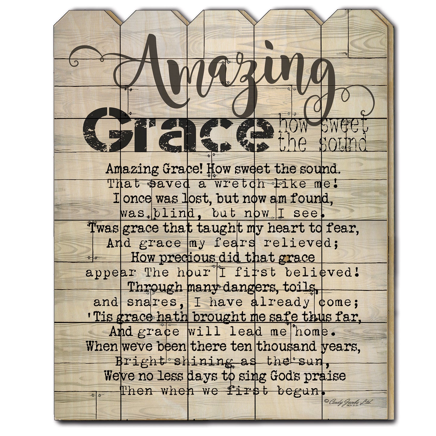 Wood Picket Fence Wall Art - Amazing Grace Print, 16 x 20 in, Paper Wall Decor, Multicolor