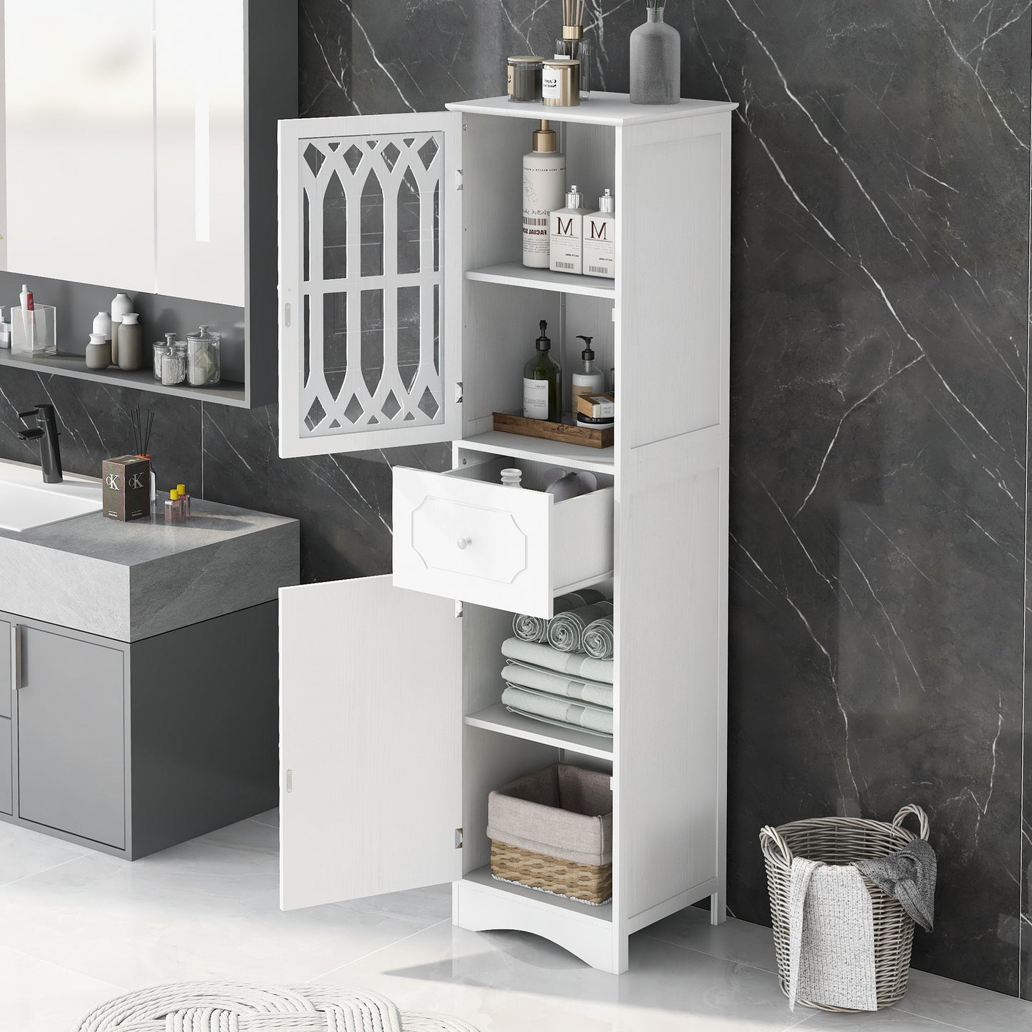 Sleek White Freestanding Bathroom Storage Cabinet with Adjustable Shelves and Drawer